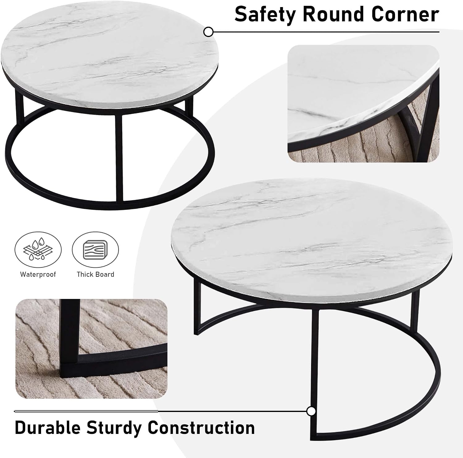 Nesting Coffee Tables Set of 2, 31.5" Round Coffee Table for Living Room, Marble Pattern Wooden Tabletop Black Sturdy Metal Frame Tables, Modern Bedroom Simple Nightstand Balcony Yard