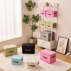 Storage Bin Box with Zippered Lid Cotton Linen Fabric Decorative Basket with PU Leather Handles PP Plastic Board Foldable Lidded Clothing Shelf Closet Organizer Container (Pink, Small)