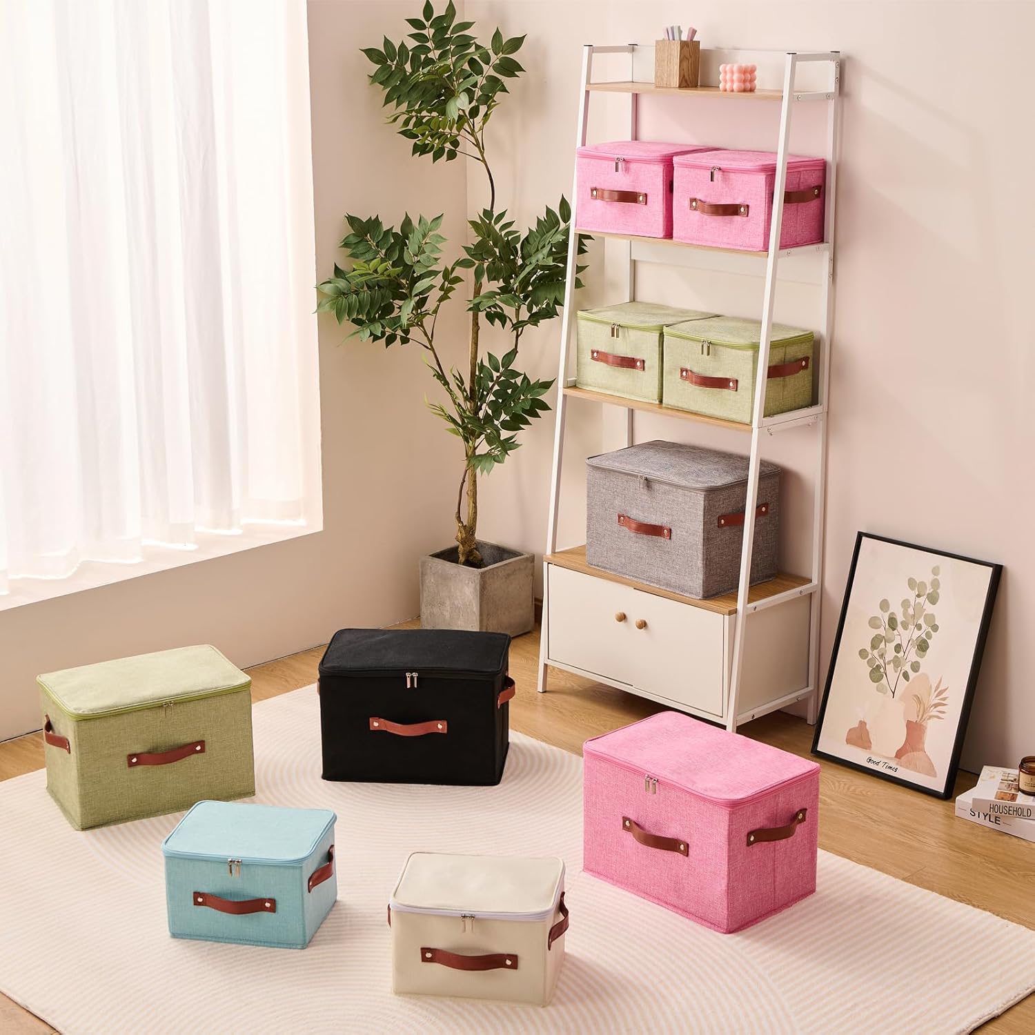 Storage Bin Box with Zippered Lid Cotton Linen Fabric Decorative Basket with PU Leather Handles PP Plastic Board Foldable Lidded Clothing Shelf Closet Organizer Container (Pink, Small)