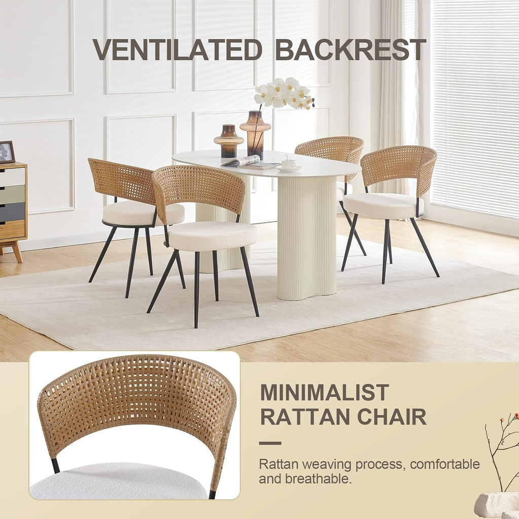 Rattan Dining Chairs Set of 4,Kitchen Chairs with PE Cane Back,Upholstered Boucle Armless Side Chair with Metal Legs for Dining Room/Living Room,Beige White
