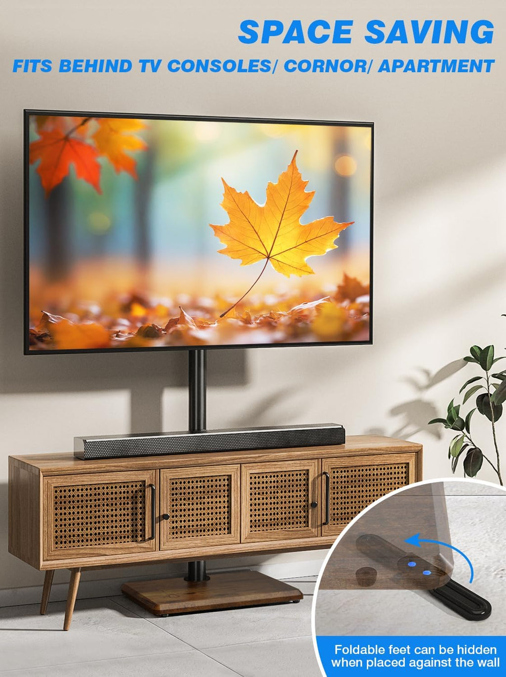 Rfiver Swivel Floor TV Stand with Power Outlet for 32-60 inch TVs, Height Adjustable Tall TV Stand with Wood Base, Hold Up to 88lbs, Saving Space Design for Bedroom, Living Room and Corner (Brown)