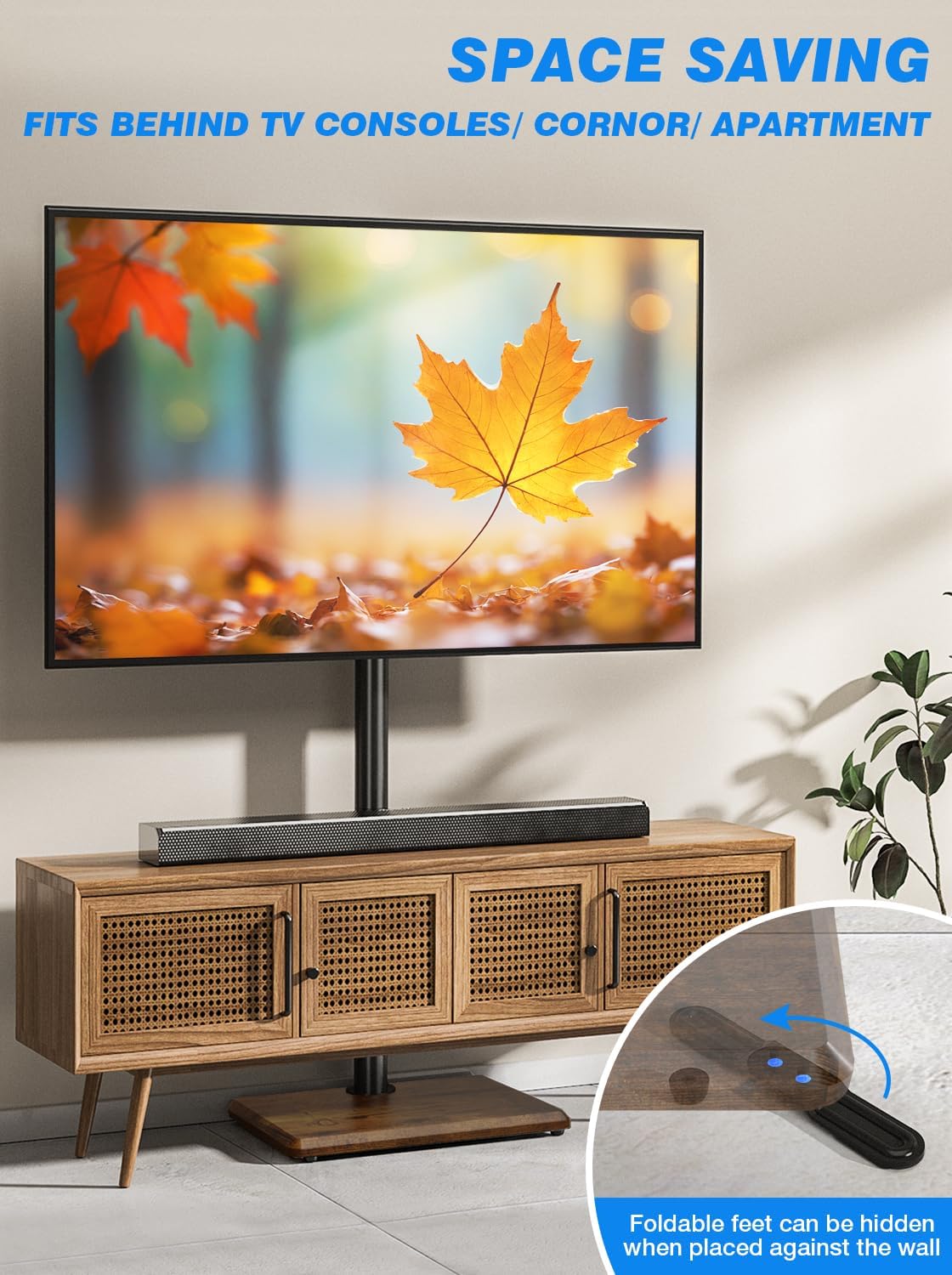 Rfiver Swivel Floor TV Stand with Power Outlet for 32-60 inch TVs, Height Adjustable Tall TV Stand with Wood Base, Hold Up to 88lbs, Saving Space Design for Bedroom, Living Room and Corner (Brown)