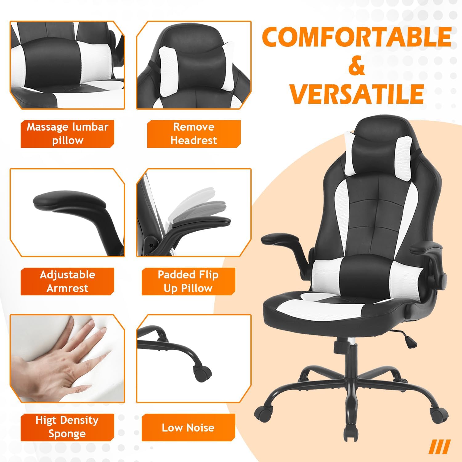 Dopinmin Gaming Chair Racing Computer Chair PU Leather Game Chair Desk Chair with Lumbar Support Flip Up Arms Headrest High Back Swivel Rolling Adjustable Ergonomic Office Chair, White