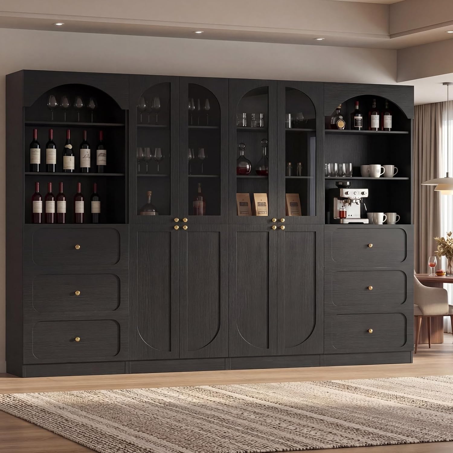 Cyclysio 80" Tall Pantry Cabinet with 3 Drawers, Arched Kitchen Storage Cabinets with 3-Tier Open Shelves and Glass Doors, Wood Floor Cupboard with Seamless Fit Wall for Living Room, Kitchen