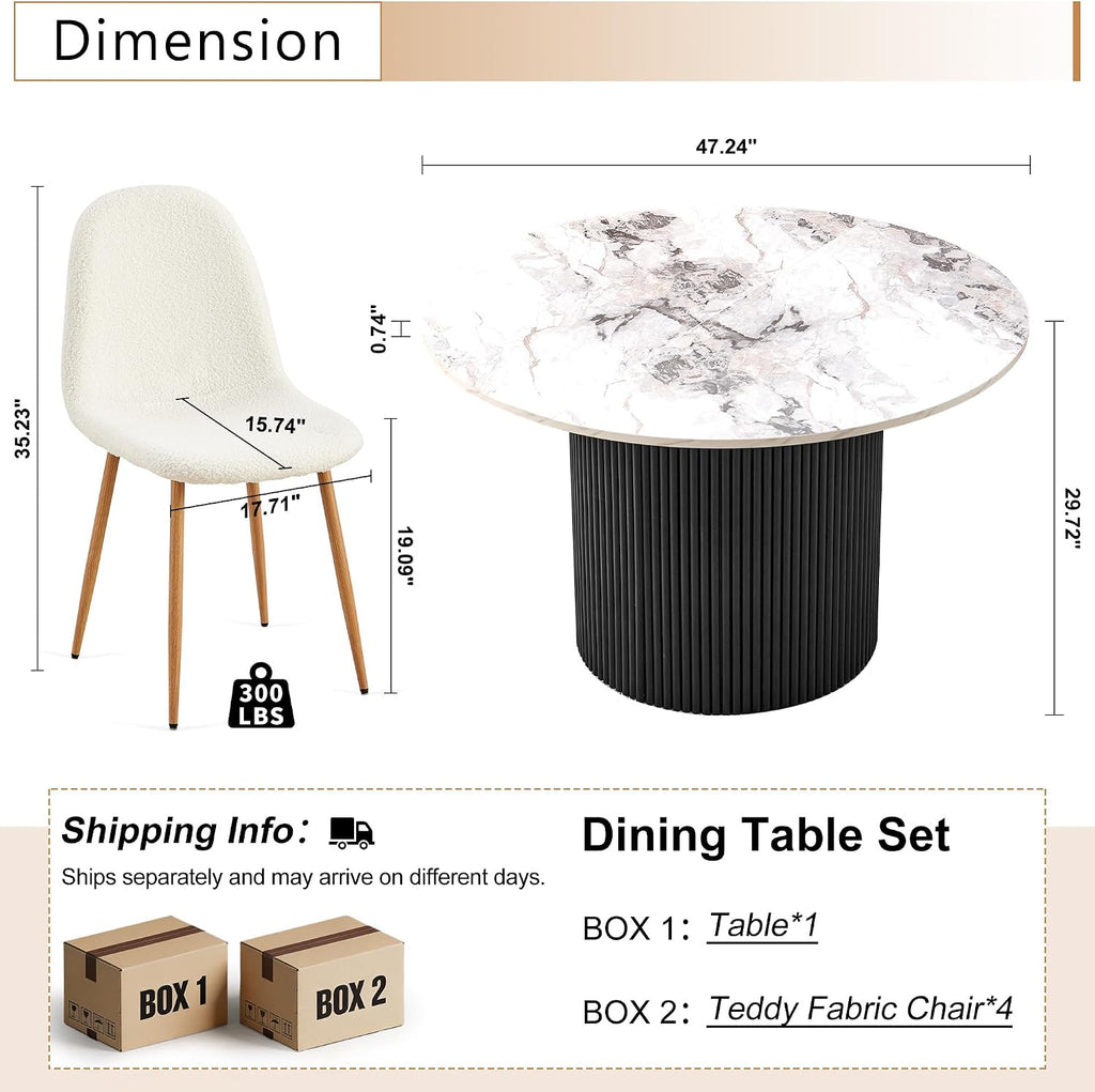 Dining Table Set for 4, Mid Century Modern 47 Inch White Marble-Look Wooden Round Dining Table Set, Space Saving (Table + 4 White Chairs)
