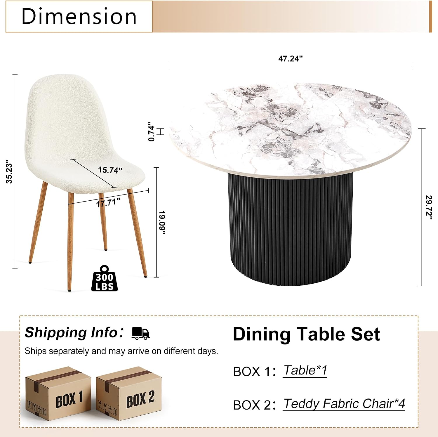 Dining Table Set for 4, Mid Century Modern 47 Inch White Marble-Look Wooden Round Dining Table Set, Space Saving (Table + 4 White Chairs)