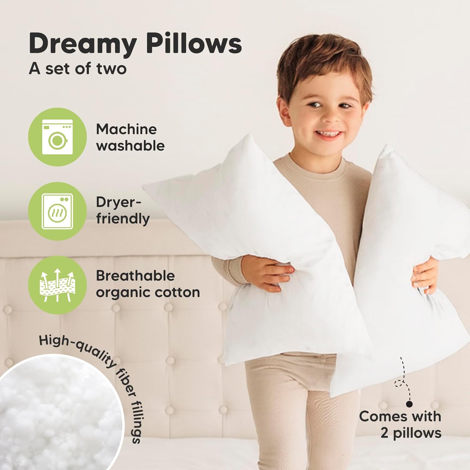 KeaBabies 2-Pack Toddler Pillows 2 Year Old to 5-13x18 Soft Organic Cotton Kids Pillow for Sleeping, Travel, School, Daycare, Nap, Toddler Bed, Machine Washable, Without Pillowcase (Soft White)