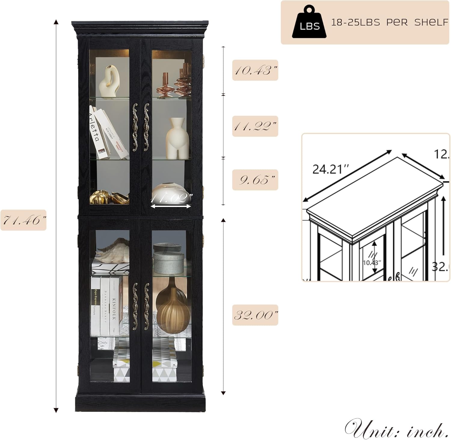 Lighted Curio Cabinet 71" Vintage Glass Display Case with Adjustable Shelves, 4 Tempered Glass Doors, Bulb Included, Wooden Square Wine Bar China Cabinet for Living Room Liquor Storage (Black)