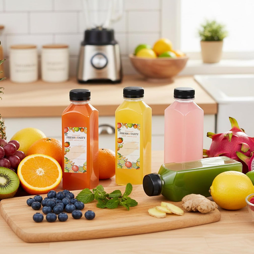 TOMNK 45pcs Juice Bottles with Lids, 16oz Reusable Plastic Juice Bottles with Caps and Labels, Funnel, Brush Beverage Containers for Juicing, Smoothies, Tea, Milk