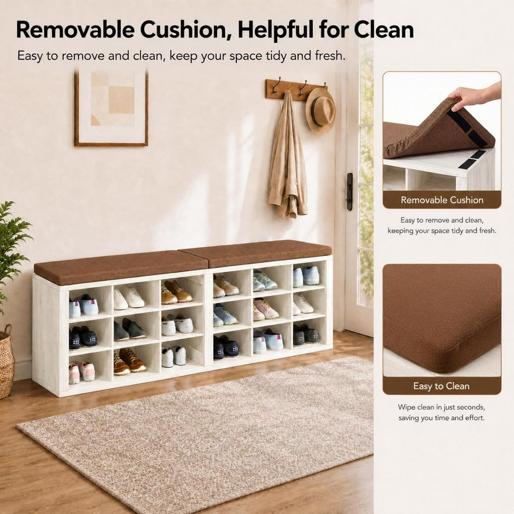 AMONIDA Shoe Storage Bench with Cushion, Entryway Bench with Shoe Storage,18 Cubby Shoe Bench with Removable Dividers, Shoe Organizer Bench for Entryway, Living Room, Light Grey (18, Light Wood)
