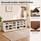 AMONIDA Shoe Storage Bench with Cushion, Entryway Bench with Shoe Storage,18 Cubby Shoe Bench with Removable Dividers, Shoe Organizer Bench for Entryway, Living Room, Light Grey (18, Light Wood)
