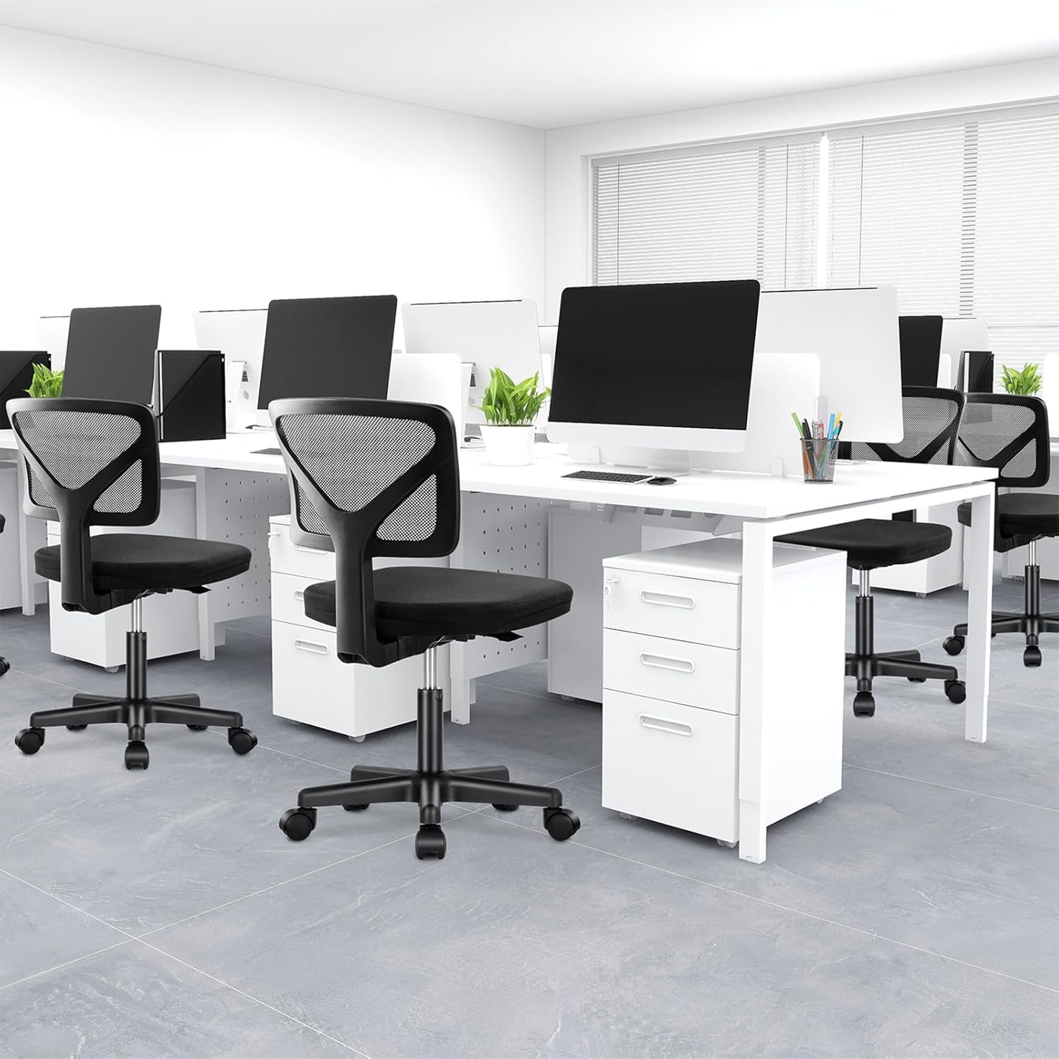 DUMOS Small Office Chair Armless, Ergonomic Adjustable Home Office Swivel Rolling Task Chair No Arms, Comfy Mesh Mid Back Computer Work Vanity Desk Chiars with Wheels for Small Spaces, Inky