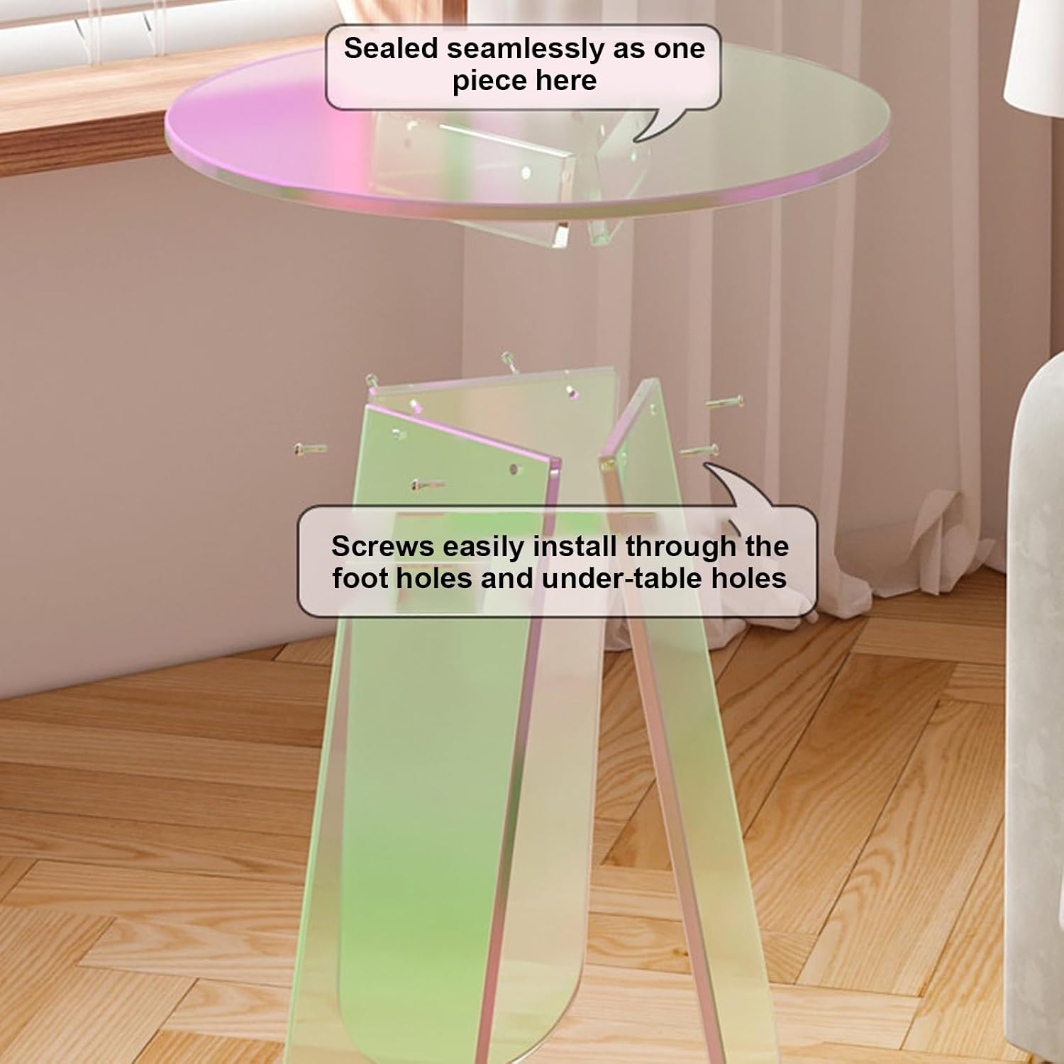 Round Iridescent Side Table, Acrylic Coffee Table, Modern Accent Tablé, Easy Assemble, for Small Space Living Room(Colorful,15.7x17.7)