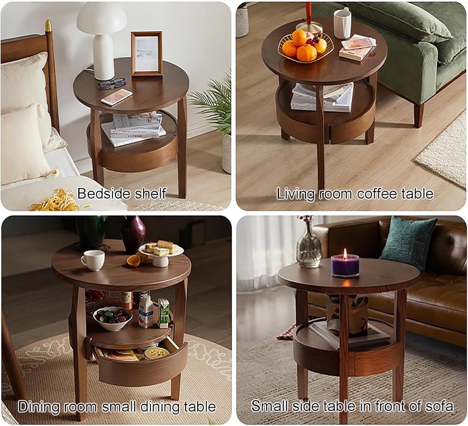 2-Tier Solid Wood End Table with Drawer,Vintage End Table with Storage,Round Side Tables,Natural Solid Wood Nightstand,Mid-Century Modern End Tables for Living Room,Bedroom,Brown,19.6in