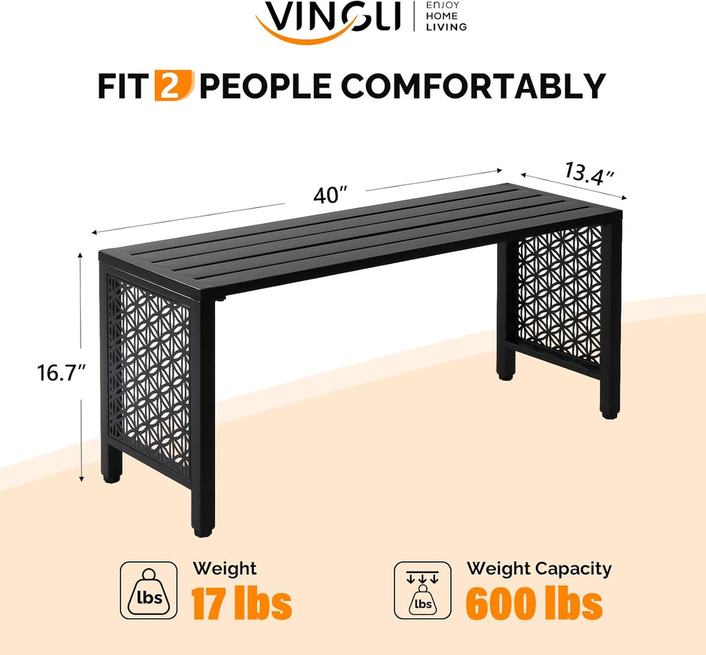 VINGLI 40in Outdoor Metal Bench, All-Weathe Backless Patio Bench with Slatted Seat＆Floral Side Panels, Rust-Resistant Garden Bench, Weatherproof Outdoor Seating for Porch Entryway Backyard (Black)