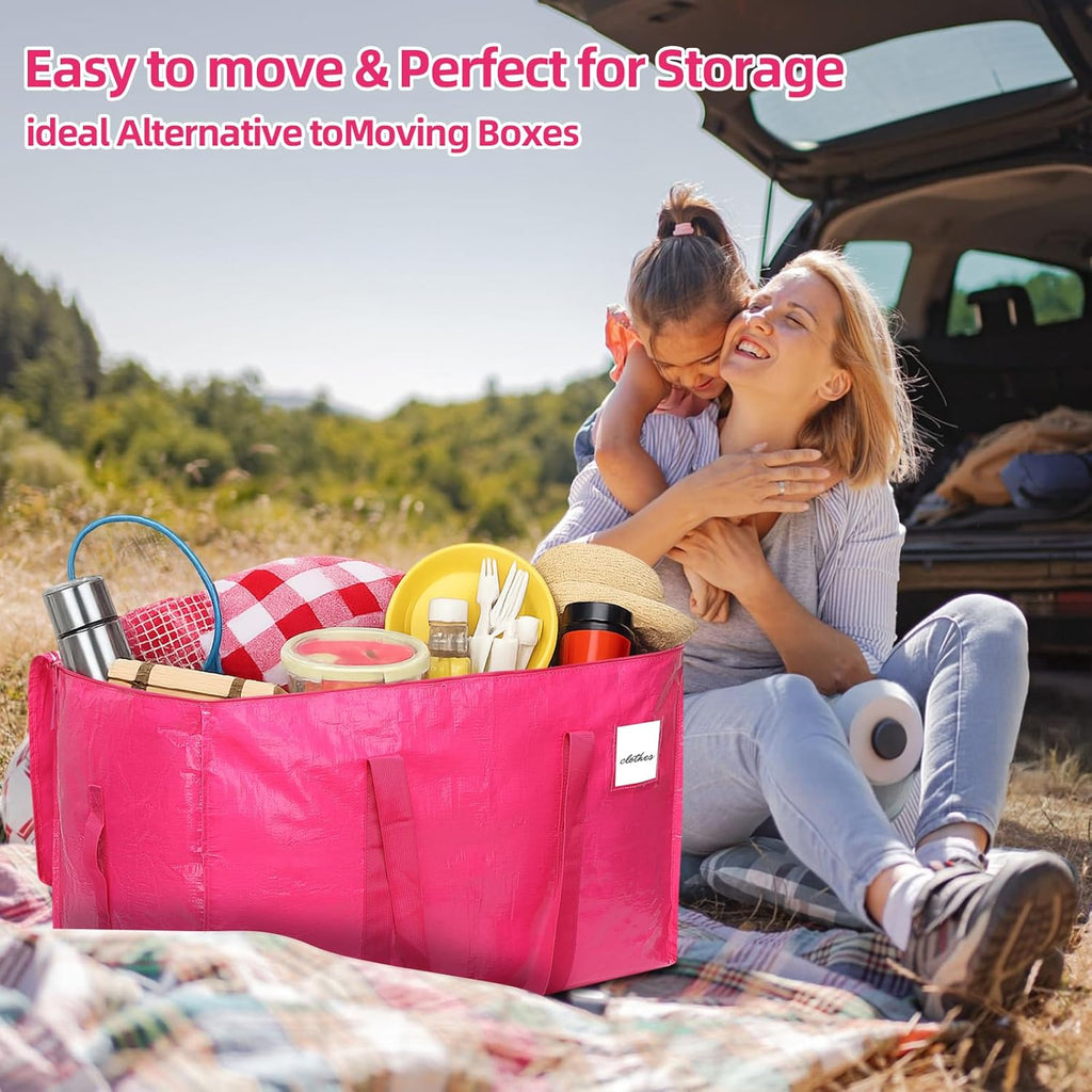 6 Pack Extra Large Moving Bags, 93L Heavy Duty Storage Totes with Reinforced Handles, Strong Zippers, Water-Resistant Foldable Packing Bags for Clothes and Bedding, Rose Pink