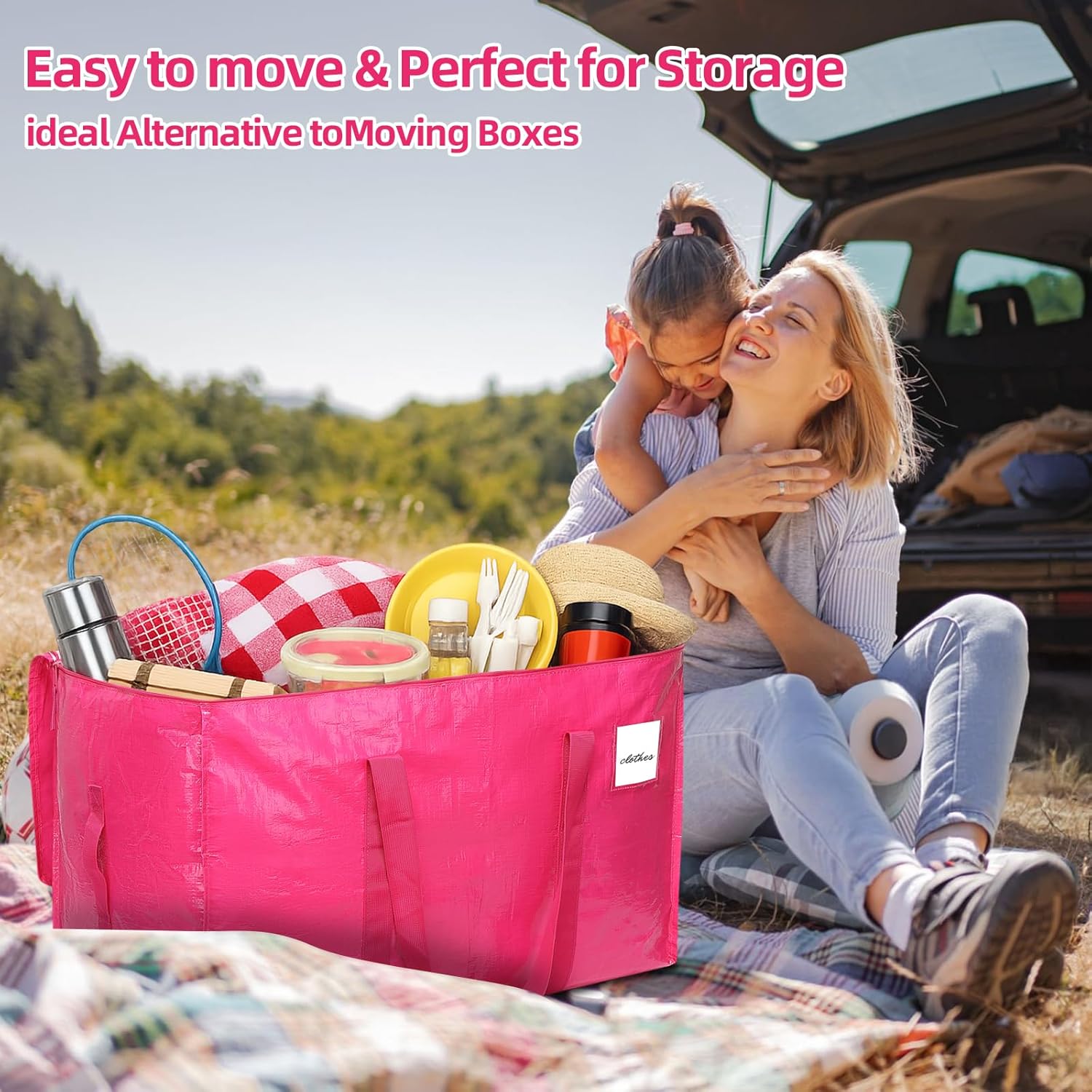 6 Pack Extra Large Moving Bags, 93L Heavy Duty Storage Totes with Reinforced Handles, Strong Zippers, Water-Resistant Foldable Packing Bags for Clothes and Bedding, Rose Pink