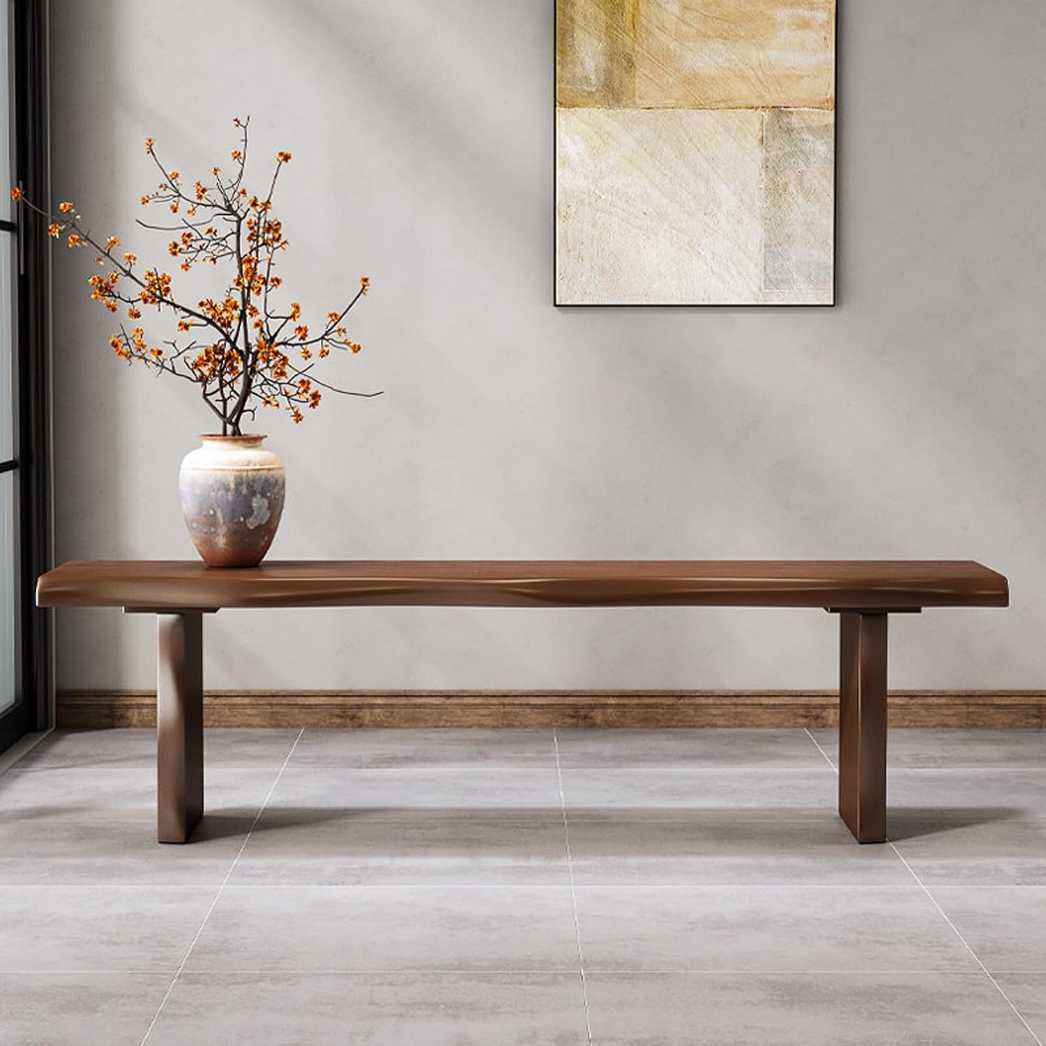 Solid Wood Bench Farmhouse Entryway Bench ，1.9 inches Thick Entryway, Bedroom, Living Room Accent, Solid Wooden Slab, Rustic Furniture, Wood with Clear Coat,Walnut (W70.9 X H17.7 X D12.6)