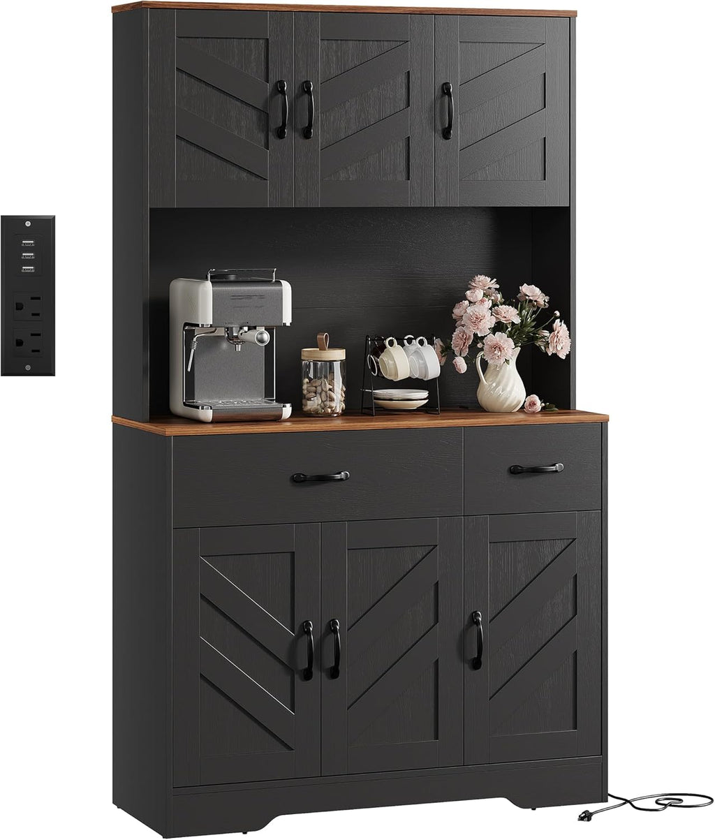 Farmhouse Kitchen Pantry Cabinet with Charging Station – 71" Tall Hutch, Adjustable Shelves, Drawers, Microwave Stand, Large Storage for Dining or Living Room – Color: Black