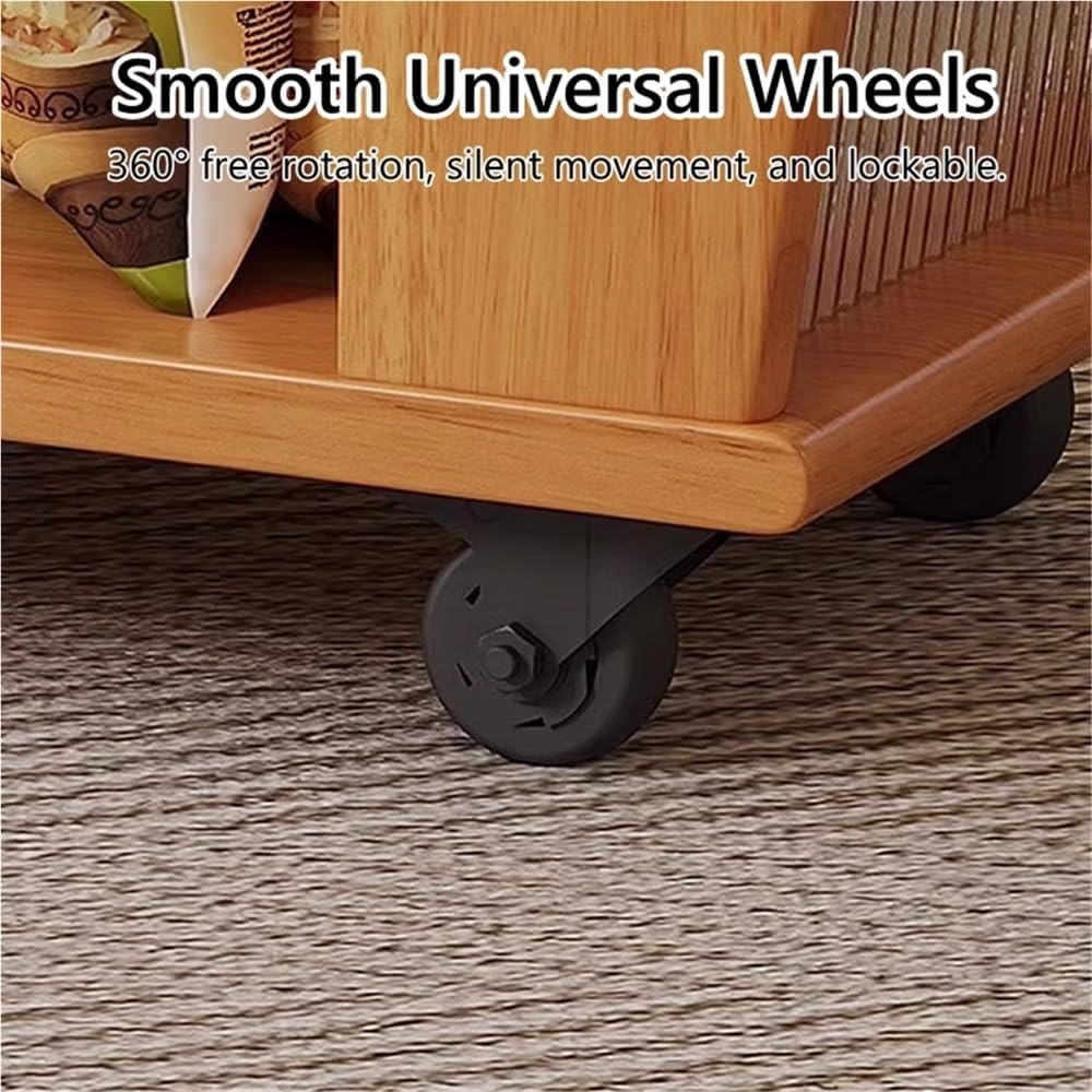 Movable Wood Side Tables with Casters, Rolling Table with Storage, Living Room End Tables with Magazine Rack, Multi-Functional Tables for Kitchen, Bedroom, Sofa Side(Natural)