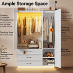 72" Wooden Armoire Wardrobe Closet with 3 Door White Bedroom Armoire with LED Light 3 Drawers Large Modern Wardrobe Cabinet with Retro Ceramic Door Handles and Removable Hanging Rod