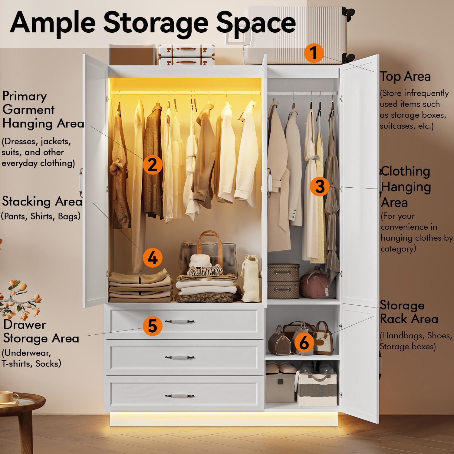 72" Wooden Armoire Wardrobe Closet with 3 Door White Bedroom Armoire with LED Light 3 Drawers Large Modern Wardrobe Cabinet with Retro Ceramic Door Handles and Removable Hanging Rod