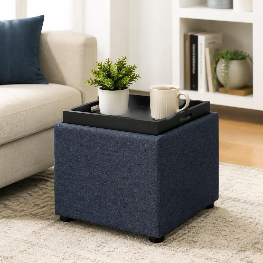 Joveco Storage Square Ottoman with Tray, Small Linen Foot Rest Stool Cube, Coffee Table for Dorm Living Room Bedroom, Denim Gray
