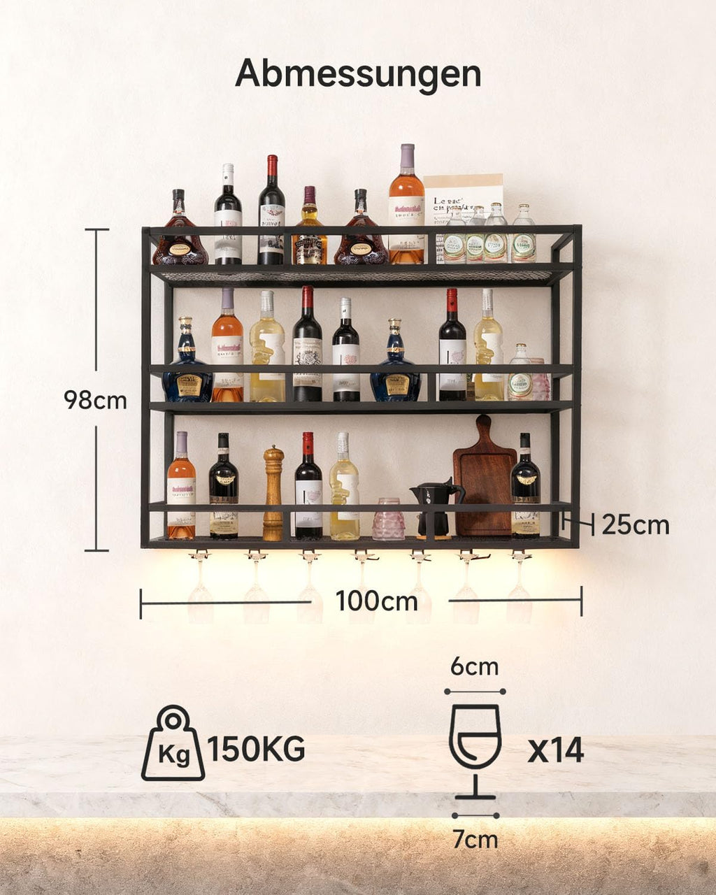 39" Wall Mounted Wine Rack with Bottle Glass Holder, 3-Tiers Metal Bar Shelves for Liquor Bottles with LED Light, Wall Wine Rack for Home, Restaurant, Commercial Bar, Kitchen Storage Display