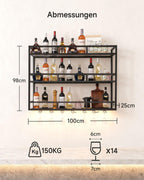 39" Wall Mounted Wine Rack with Bottle Glass Holder, 3-Tiers Metal Bar Shelves for Liquor Bottles with LED Light, Wall Wine Rack for Home, Restaurant, Commercial Bar, Kitchen Storage Display