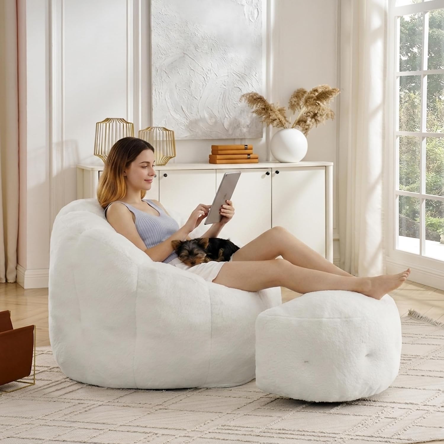 Mofolit 46" Oversized Flower Bean Bag Chair with Ottoman for Adults,Large Cozy Beanbag Chair with Artificial Rabbit Fur Fabric,Boneless Sofa for Living Room,Reading Room and Apartment.(Cream)
