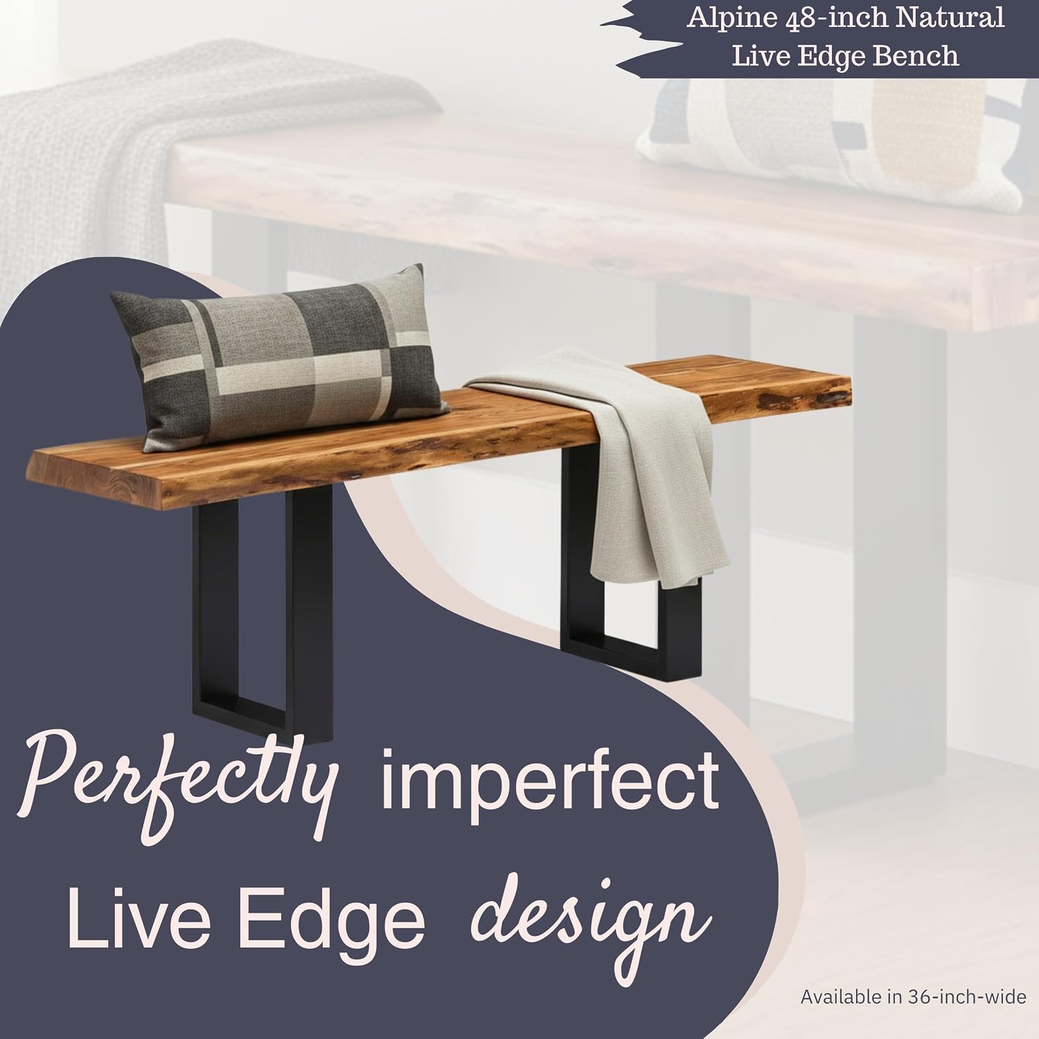 Alaterre Furniture Alpine Live Edge Solid Wood 48" Bench with Metal Legs, Natural