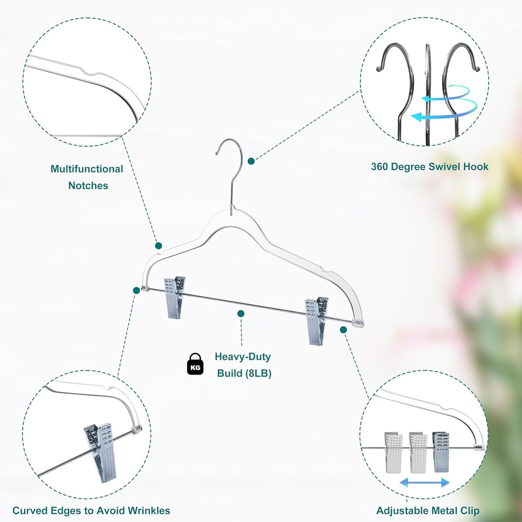 Quality Clear Kids Pants Hangers with Clips 100 Pack | Heavy Duty Skirt Hangers with Swivel Hook and Notches | Space Saving Kids Clip Hangers for Pants | 13.7 Inch (Clear, Silver Hook, 100 Pack)