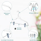 Quality Clear Kids Pants Hangers with Clips 100 Pack | Heavy Duty Skirt Hangers with Swivel Hook and Notches | Space Saving Kids Clip Hangers for Pants | 13.7 Inch (Clear, Silver Hook, 100 Pack)