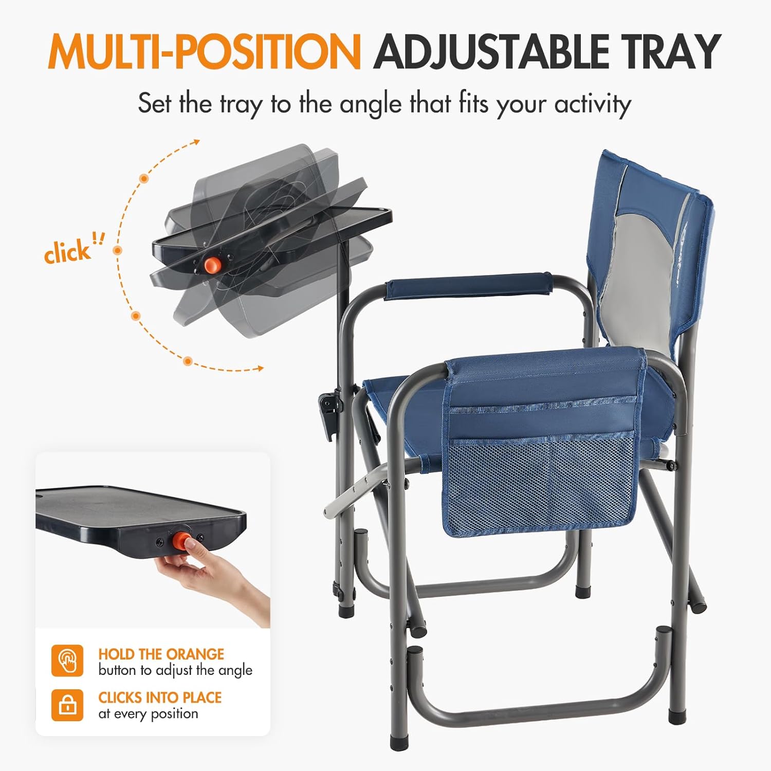 Portal Folding Director Chair with 2-Way Rotating Side Table, Heavy Duty 300 lb Camping Chair with Swivel Tray & Cup Holder, Ergonomic Mesh Back Portable Outdoor Seat for RV, Tailgating & Lawn, Blue