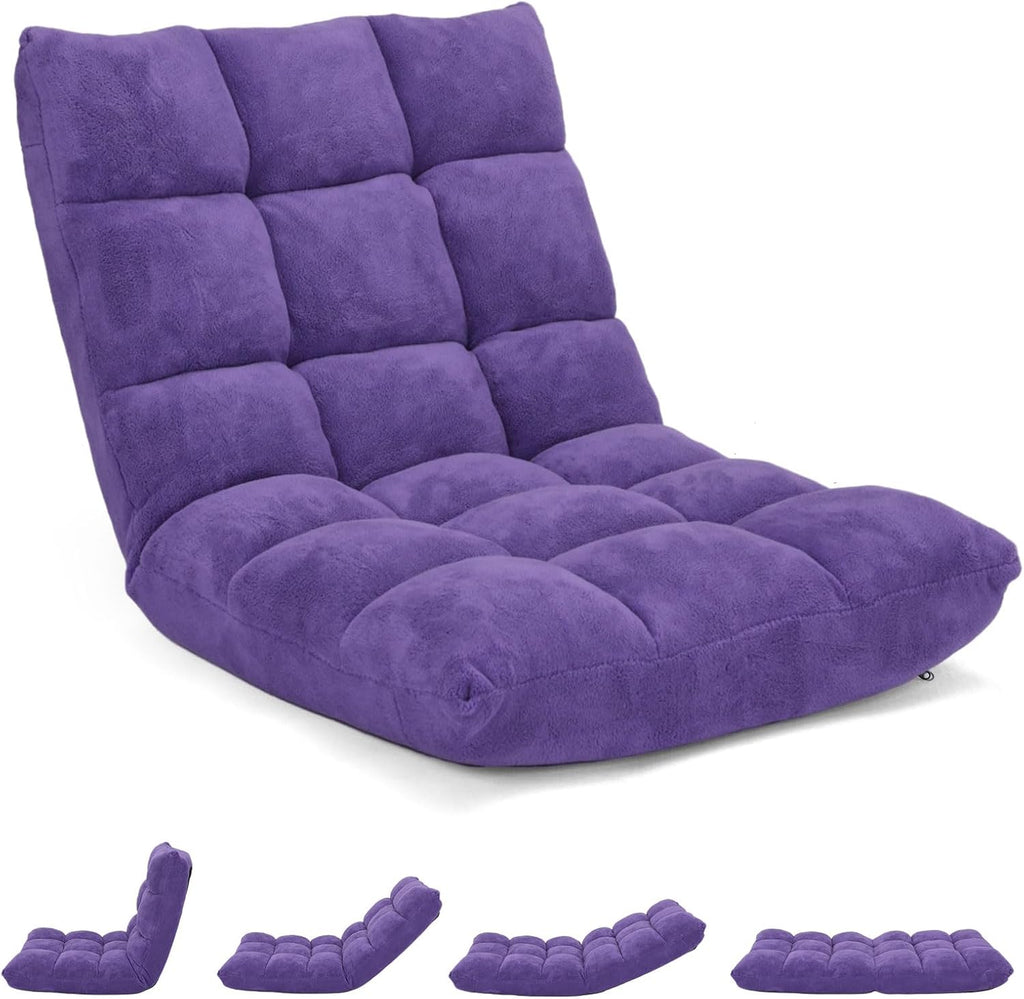 MAT EXPERT Floor Chair with Back Support, Floor Gaming Chair w/ 14 Adjustable Position, Soft Coral Fleece&Alloy Steel Frame, Foldable Padded Lazy Couch Recliner for Meditating (Violet, Large)