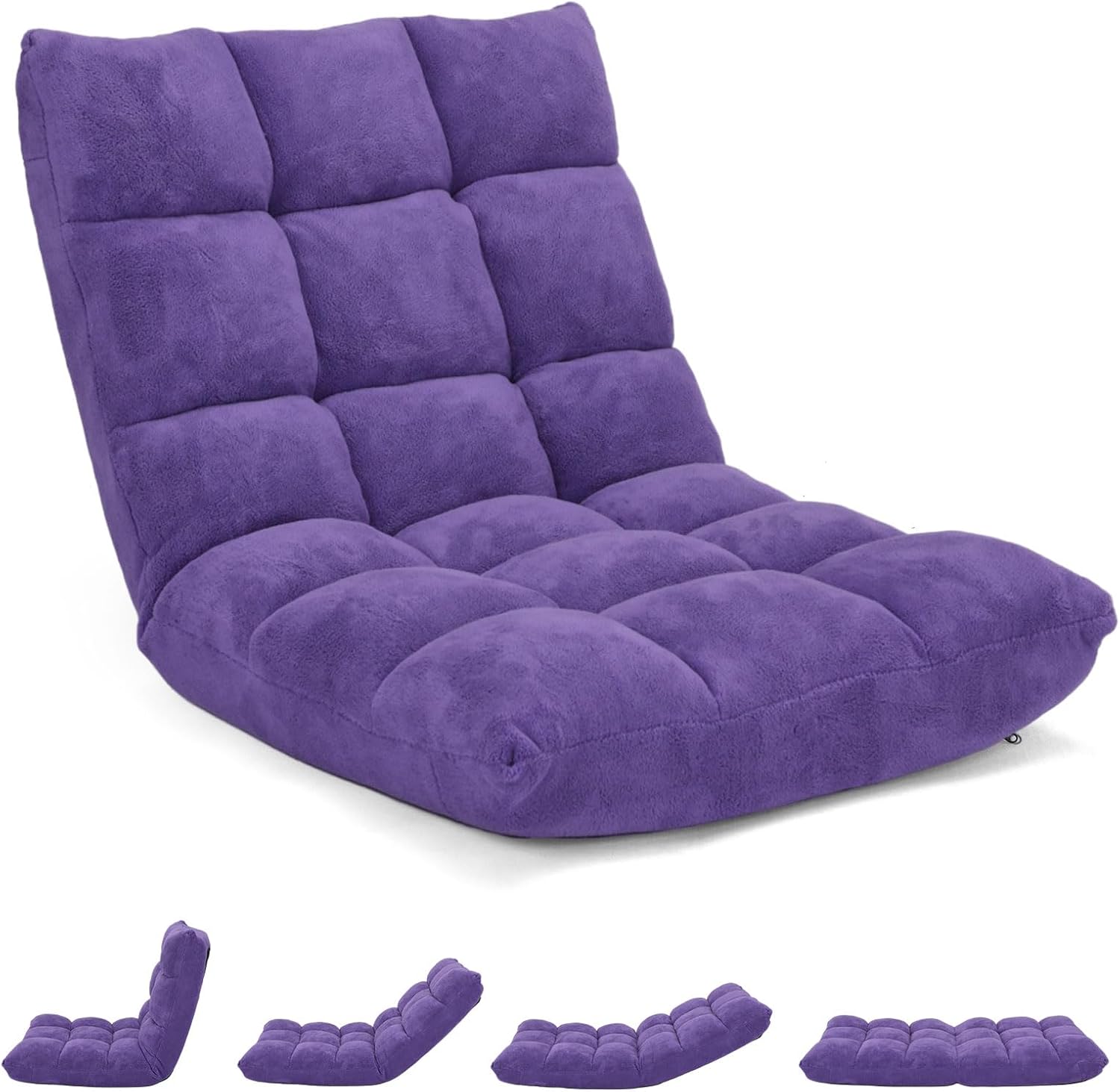 MAT EXPERT Floor Chair with Back Support, Floor Gaming Chair w/ 14 Adjustable Position, Soft Coral Fleece&Alloy Steel Frame, Foldable Padded Lazy Couch Recliner for Meditating (Violet, Large)