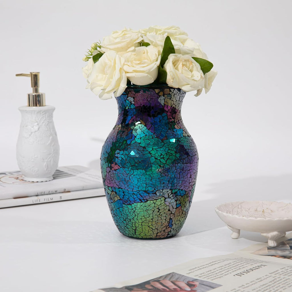 Mosaic Glass Vase, 8" H, Beautiful Mosaic Colorful Blue Vase for Living Room Bedroom Bouquets, Handmade, Home Decor, Colorful Blue