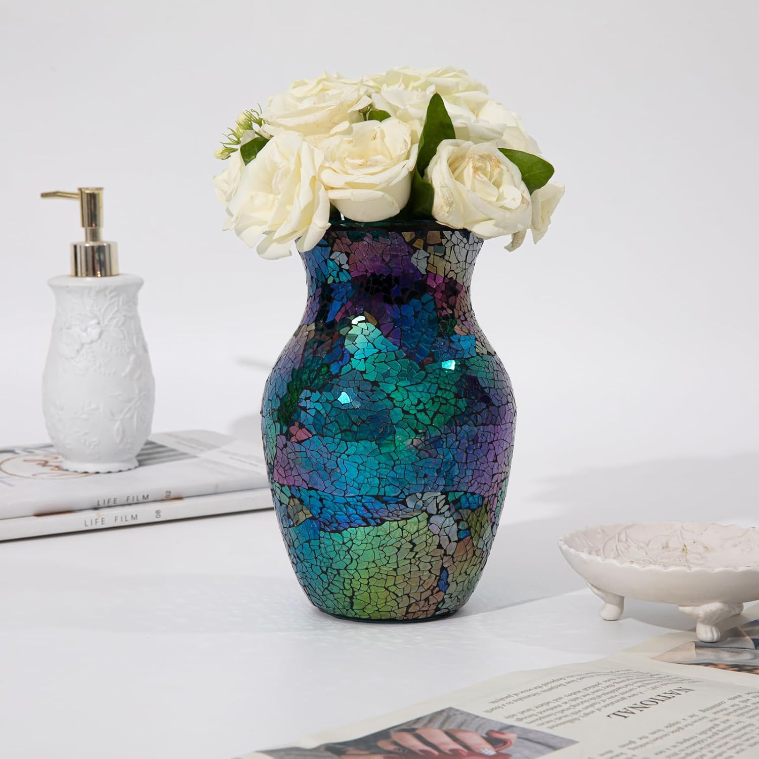 Mosaic Glass Vase, 8" H, Beautiful Mosaic Colorful Blue Vase for Living Room Bedroom Bouquets, Handmade, Home Decor, Colorful Blue