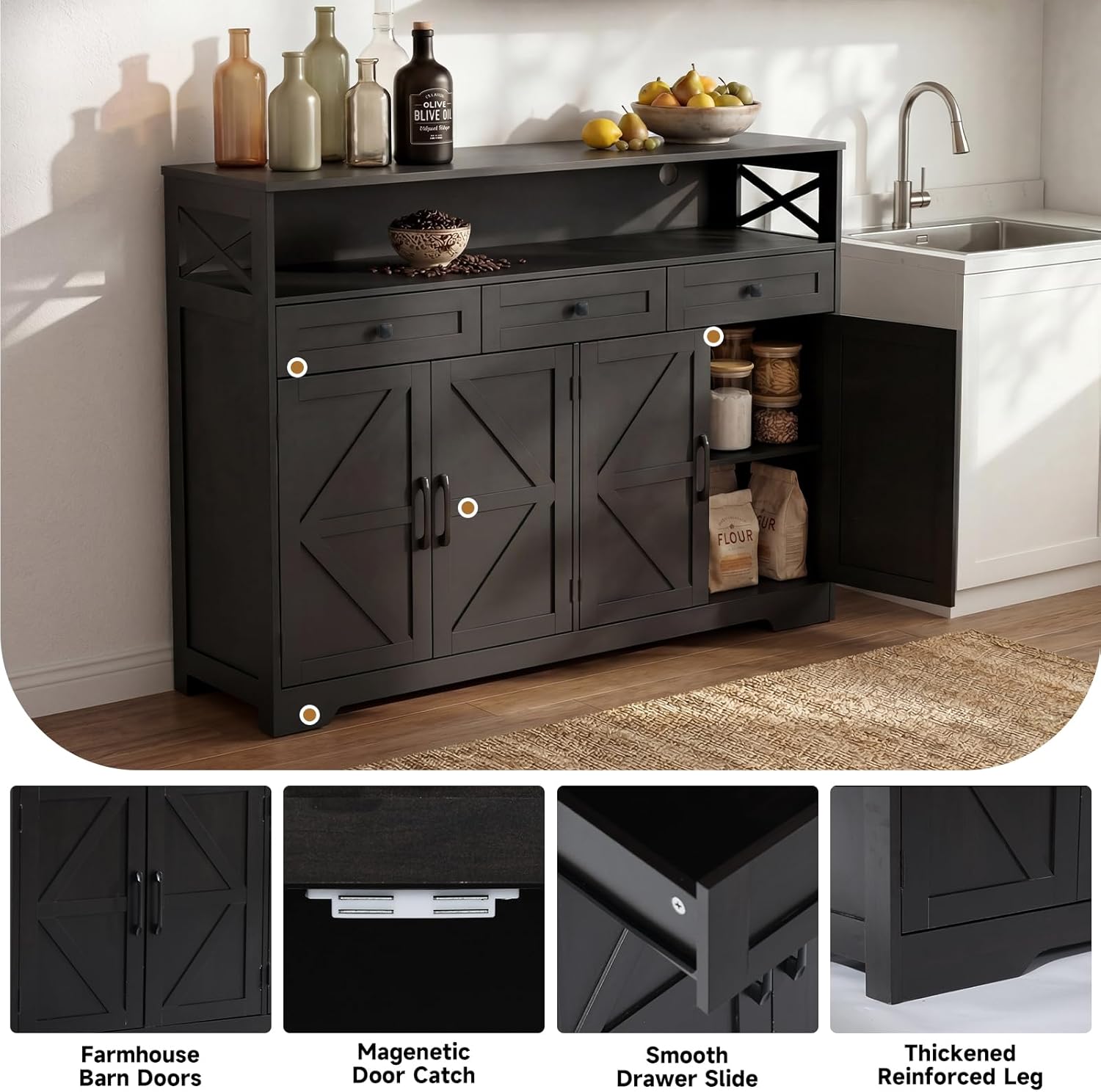 Sideboard Buffet Cabinet with Storage, 55" Kitchen Buffet Cabinet with Charging Station, Farmhouse Coffee Bar Station with Drawers and Doors, Credenza for Kitchen Living Room Entryway, Dark Brown