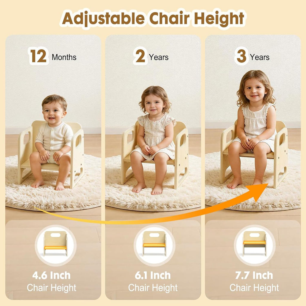 GVOO Montessori Weaning Table and Chair Set, 3 Adjustable Height Toddler Table and Chair Set with Drawing Board, for Eating, Playing and Reading, Baby Proofing Design, Gifts for Kids