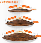 Homode Corner Shelf Wall Mounted Set of 3, Corner Floating Shelves 9/10/12 Inch Deep, Wood Round Corner Hanging Display Shelf with Guardrail for Bathroom Bedroom Kitchen Living Room, Rustic Brown