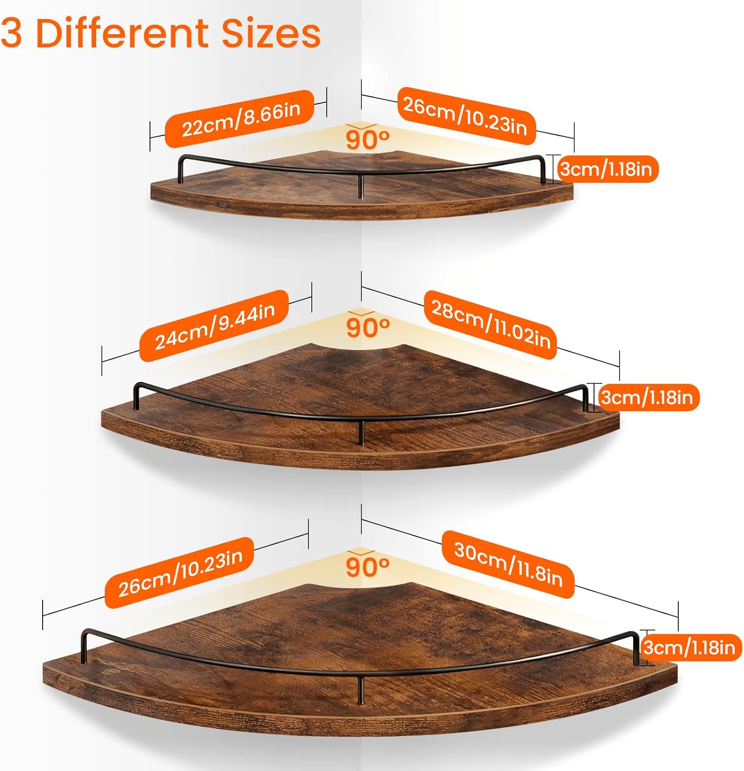 Homode Corner Shelf Wall Mounted Set of 3, Corner Floating Shelves 9/10/12 Inch Deep, Wood Round Corner Hanging Display Shelf with Guardrail for Bathroom Bedroom Kitchen Living Room, Rustic Brown