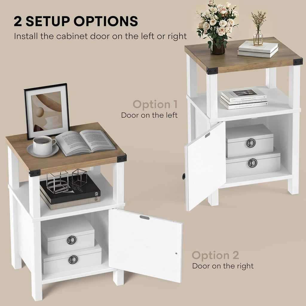 Set of 2 Farmhouse Nightstands, Sofa Side End Table with Storage, Wood Bedside Table with Barn Door for Bedroom Living Room Rustic Vintage White