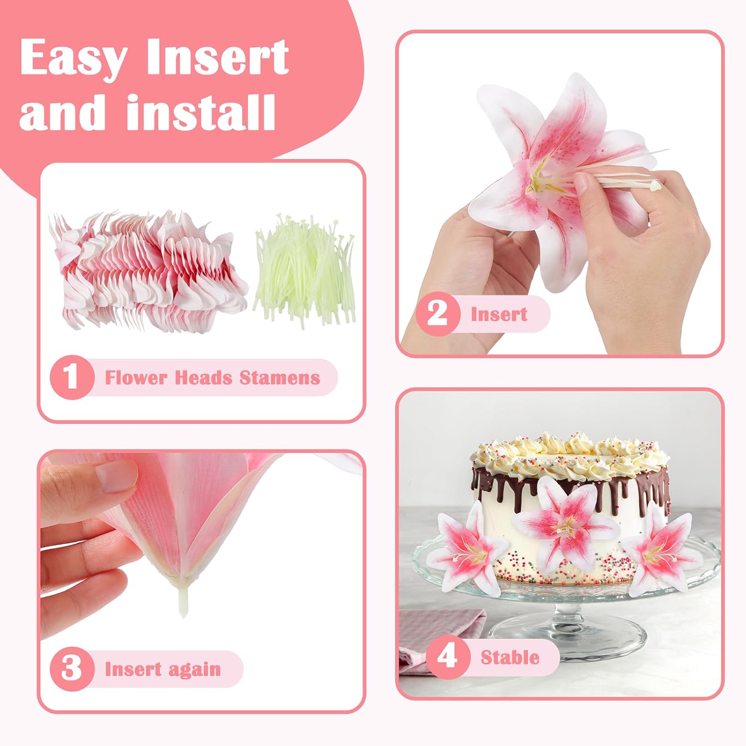 32 Pack Large Artificial Lilies Flower Heads with Realistic Stamens 5.5" Faux Fake Lily Silk Flower Heads Bulk with Butterfly for DIY Crafts Cake Wedding Bridal Wreaths Table Home Party Decoration