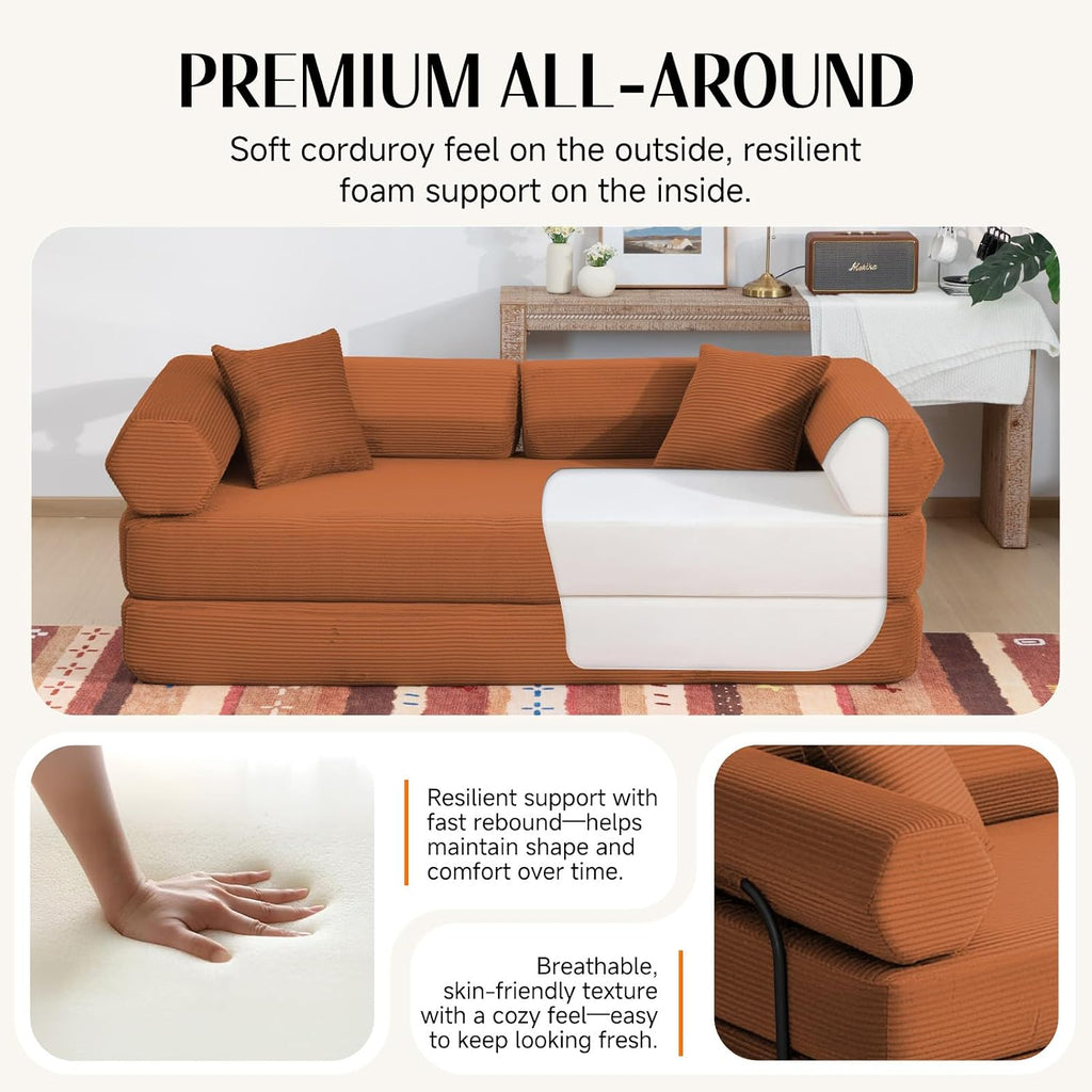 79" Corduroy Sofa Bed, Boneless Couch in a Box with 2 Pillows, High-Density Foam 4-in-1 Foldable Sleeper Futon Loveseat for Small Spaces, No Assembly, Side Pockets, Hex Arm Orange