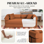 79" Corduroy Sofa Bed, Boneless Couch in a Box with 2 Pillows, High-Density Foam 4-in-1 Foldable Sleeper Futon Loveseat for Small Spaces, No Assembly, Side Pockets, Hex Arm Orange