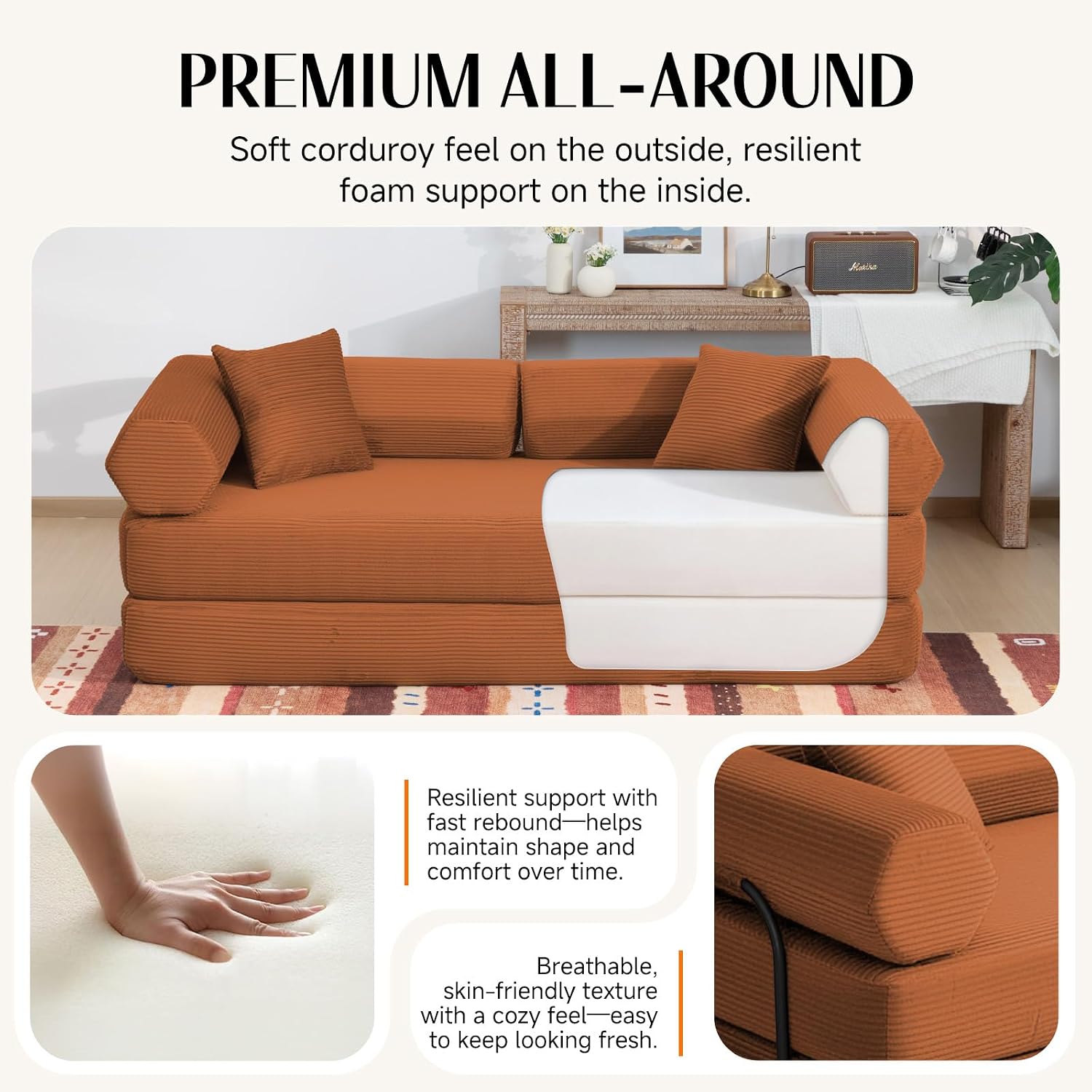 79" Corduroy Sofa Bed, Boneless Couch in a Box with 2 Pillows, High-Density Foam 4-in-1 Foldable Sleeper Futon Loveseat for Small Spaces, No Assembly, Side Pockets, Hex Arm Orange