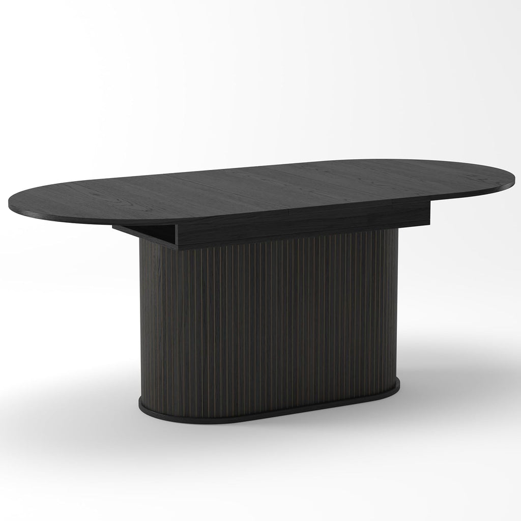 WILLIAMSPACE 70.86" Oval Extendable Dining Table with Striped Legs for 6 to 8, Modern Wooden Kitchen Table with Extension Leaves, Mid Century Dining Room Table, Easy Assemble (55.11"-70.86", Black)