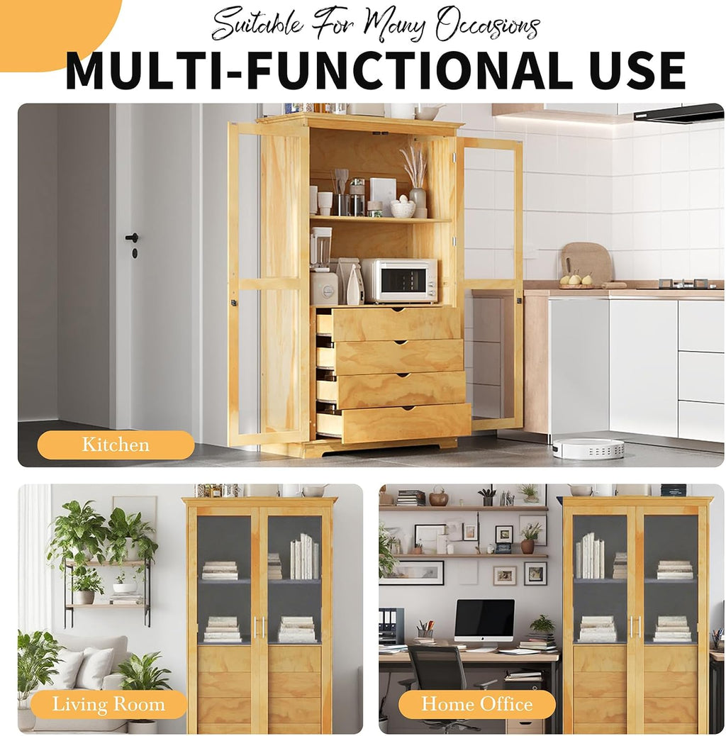 Kitchen Pantry, Freestanding Kitchen Cupboard Versatile Display Cabinet Coffee Bar Storage Cabinet with Glass Doors and 4 Built-in Drawers for Living Room, Home Office