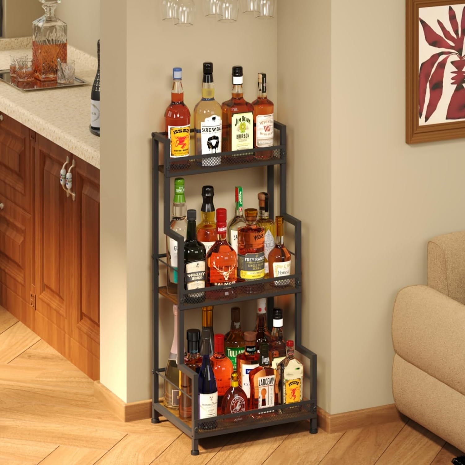 Trapezoid Liquor Stand, 3 Tier Liquor Cabinet, Wine Bottle Display Shelf for Home Bar, Mini Corner Liquor Bottle Display Stand for Whiskey, Wine, Stepped Wine Rack Freestanding Floor